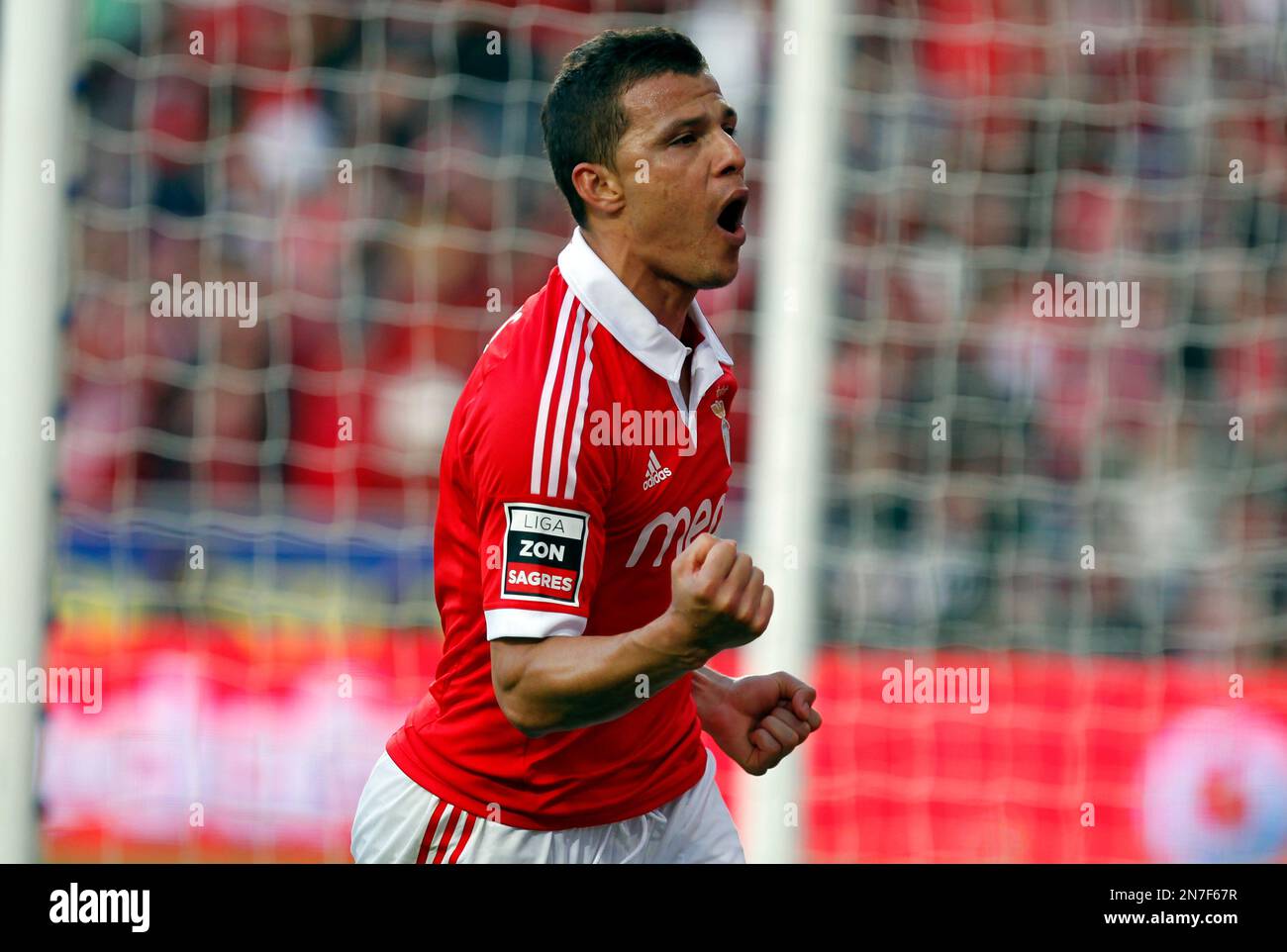 Benfica's Lima, from Brazil, celebrates after scoring his side's second goal against Moreirense during their Portuguese league soccer match at Benfica's Luz stadium in Lisbon, Sunday, May 19, 2013. (AP Photo/Francisco Seco) Stockfoto