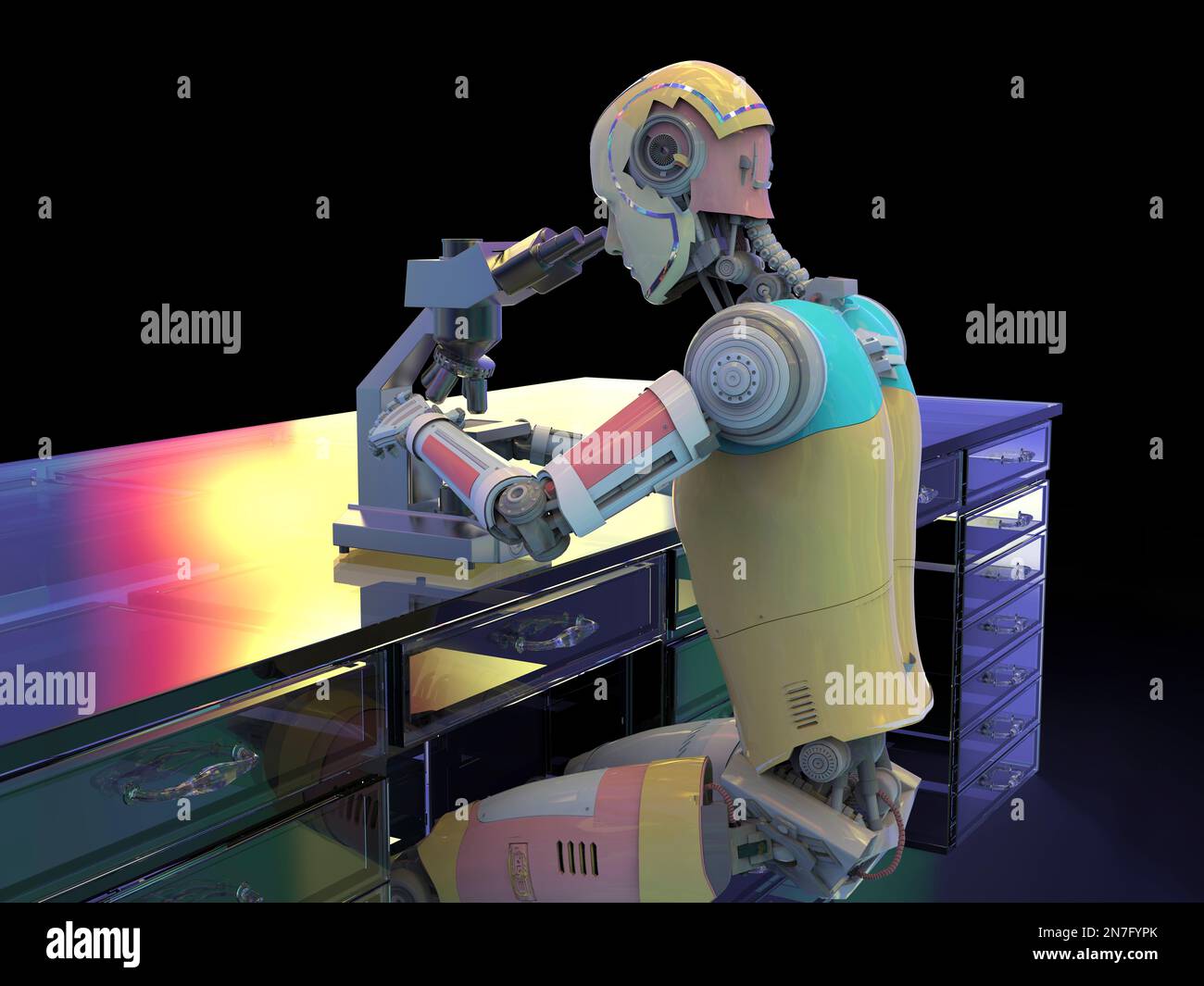 Humanoider Roboter mit dem Mikroskop, Illustration Stockfoto
