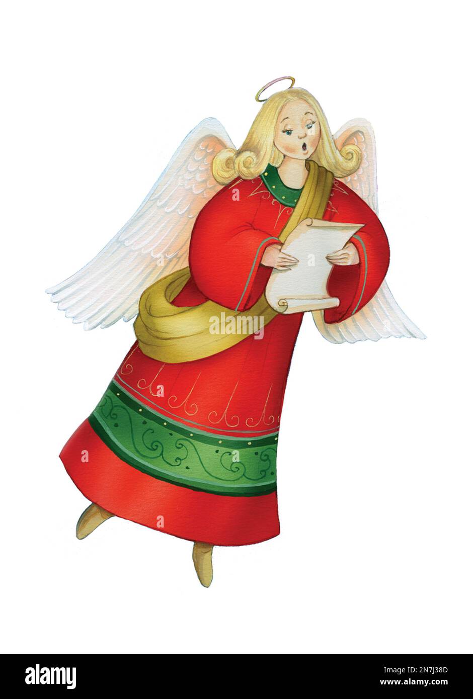 Weihnachtsengel in rotem Kleid, singt während schwebende Kunstwerke. Stockfoto