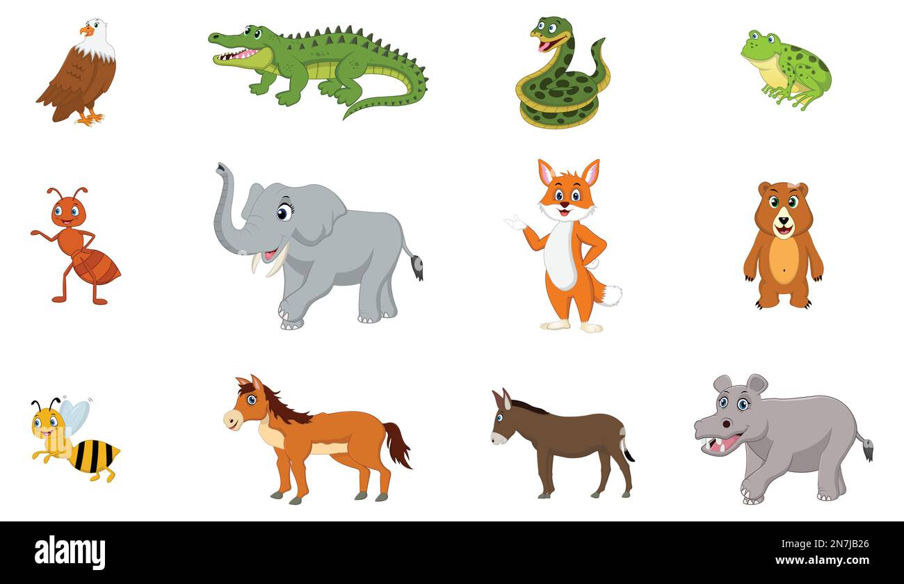 Süße Cartoon-wilde Tiere setzen Adler, Elefanten, Alligatoren, Schlangen usw. isolierte Vektorbilder. Stock Vektor