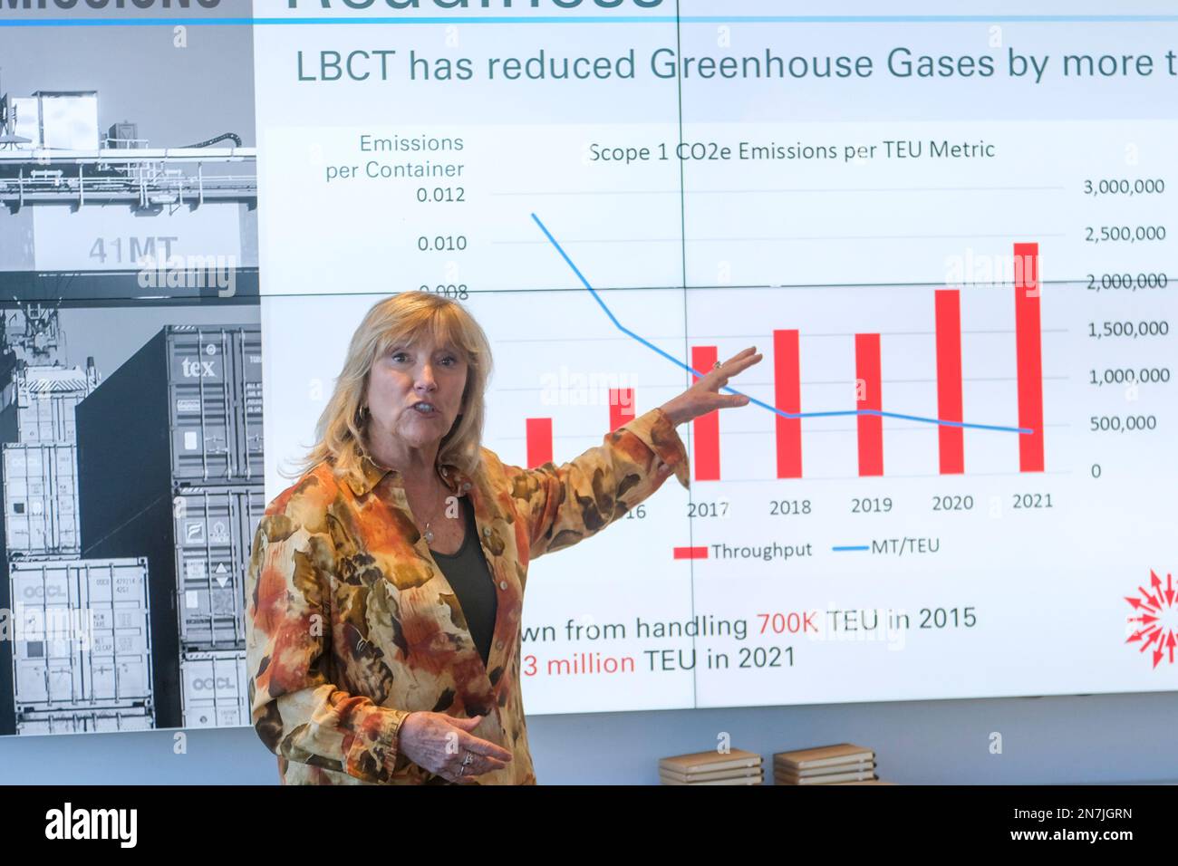 Bonnie Nixon, ESG und Sustainability Director von Long Beach Container Terminal, erläutert ihren Plan für die Emissionsfreiheit bis 2030 auf einer Tour durch das Long Beach Container Terminal (LBCT). Die Investition in Höhe von $2,5 Mrd. LBCT, die es einem der weltweit führenden Betreiber von Hafenterminals ermöglicht hat, die Emissionen erheblich zu senken und einen „Netto-Nullpunkt“ in greifbarer Nähe zu haben. Auf dieser Tour erfahren Sie außerdem zum ersten Mal mehr über ein Projekt im Wert von $30 Millionen US-Dollar bei LBCT zur Einführung emissionsfreier Frachtumschlagsgeräte und einen exklusiven Einblick in die Pläne von LBCT zur vollständigen Dekarbonisierung des Betriebs bis 2030. Stockfoto