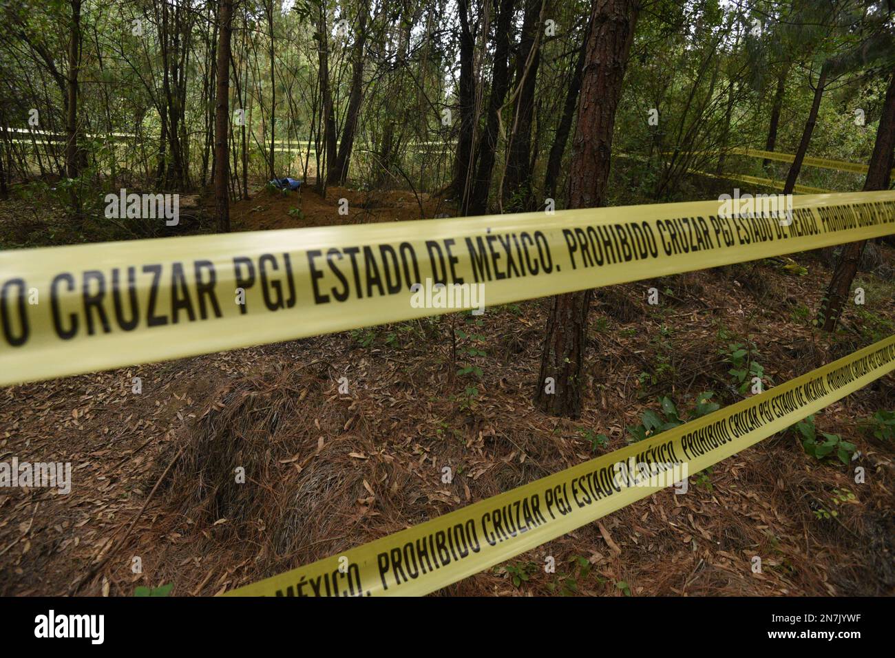 10. Februar 2023 Lerma , Mexiko : Aspekte des Gebiets, in dem forensische Sachverständige des Staates Mexiko das Verfahren durchführten, in dem mindestens 9 heimliche Gräber im Wald an der Grenze der Gemeinden Lerma und Ocoyoacac gefunden wurden; Inoffiziell wurden insgesamt 68 Pakete mit menschlichen Überresten gefunden, das Gebiet, in dem diese Gräber noch immer abgesperrt sind, um den Durchgang zu verhindern, wo es weiter arbeiten soll, um weitere menschliche Überreste zu lokalisieren. Am 10. Februar 2023 in Lerma, Mexiko. (Foto: Arturo Hernández / Eyepix Group) Kredit: Eyepix Group/Alamy Live News Stockfoto