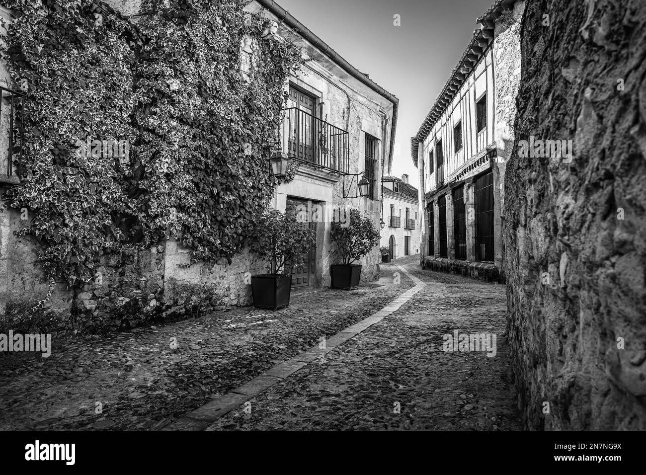 Malerische Gasse mit verrotteten Häusern und Weinreben an den Wänden im mittelalterlichen Dorf Pedraza. Stockfoto