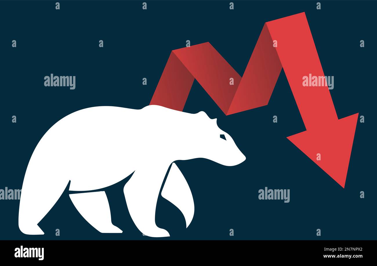 Bärenrennen oder bärenartiger Markttrend bei Kryptowährungen oder Aktien. Hintergrund der Börse, Pfeil-nach-unten-Grafik für Rückgang des Crashs in der globalen Marktwirtschaft Stock Vektor