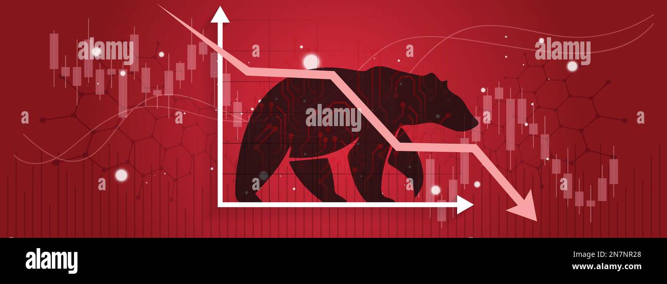 Bärenrennen oder bärenartiger Markttrend bei Kryptowährungen oder Aktien. Hintergrund der Börse, Pfeil-nach-unten-Grafik für roten Crash in der globalen Marktwirtschaft Stock Vektor