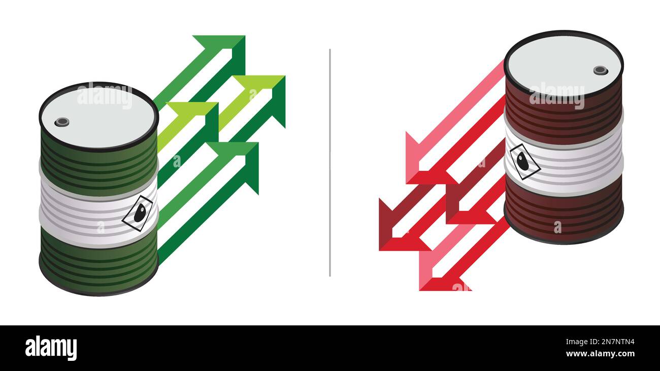 Die Ölpreise steigen und sinken. Rohölfässer mit grünem, rotem Pfeil, der nach oben zeigt. Ölmarkt Treibstofffässer für Erdöl mit Diagrammpfeilen. Stock Vektor