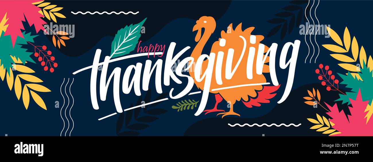 Happy Thanksgiving-Bannerdesign mit Typografie, truthahnvogel und abstrakten Blättern im Hintergrund. Amerikanisches Thanksgiving-Festival, dunkles Thema-Dinner-Party Stock Vektor