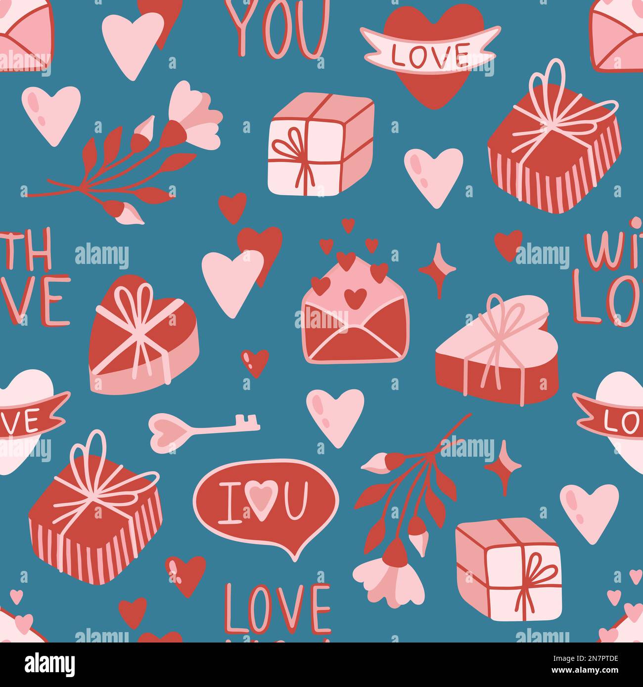 Valentinstag. Love Concept niedliche Vektordarstellung Nahtloses Muster mit Herzen, Liebe, Blumen, Umschlag, Pfeilen, eine tasse Kaffee und Cupcakes. Stock Vektor