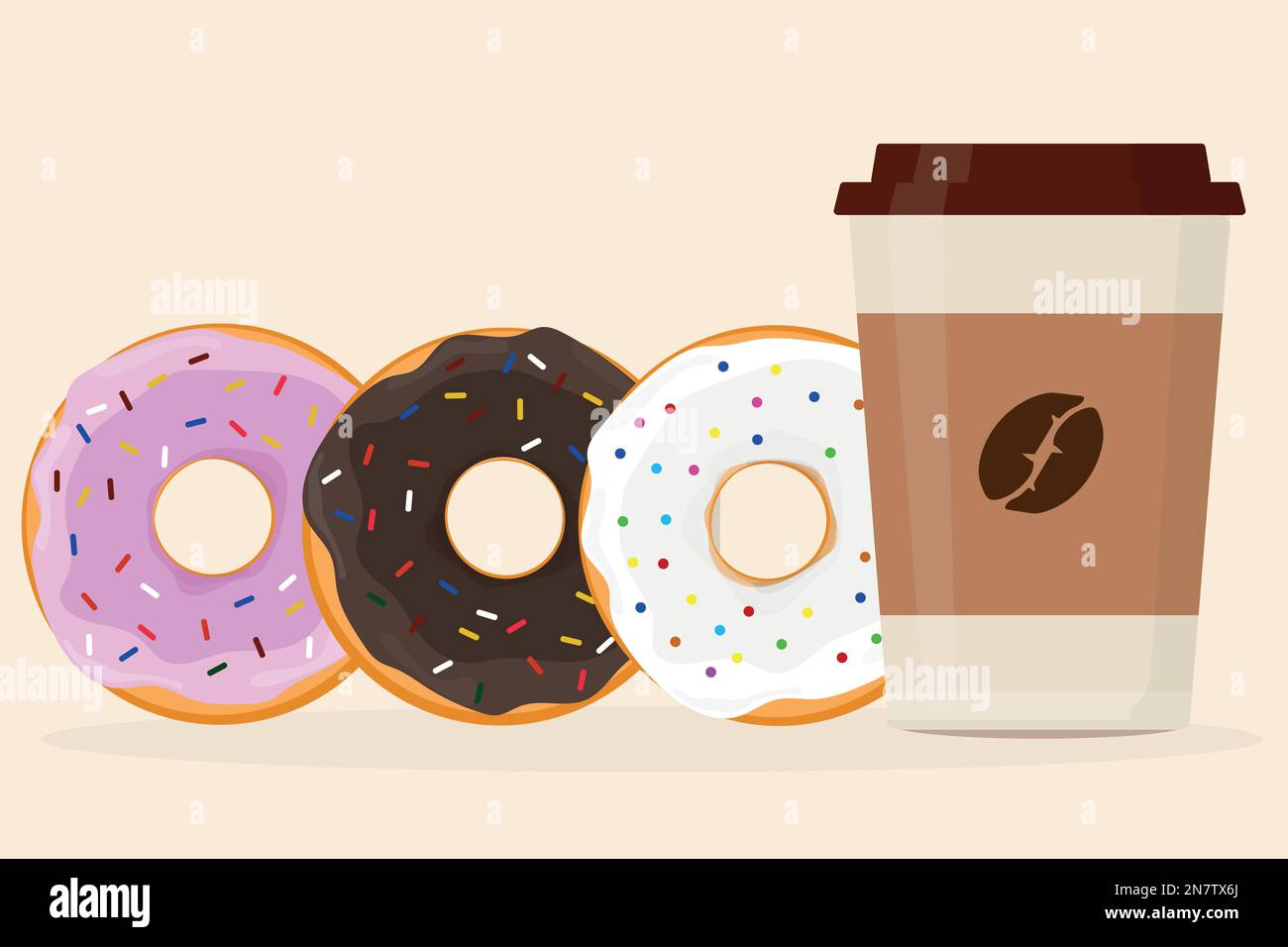 tasse Kaffee in einem Pappbecher mit Deckel und Donuts mit unterschiedlichen Füllungen Stock Vektor