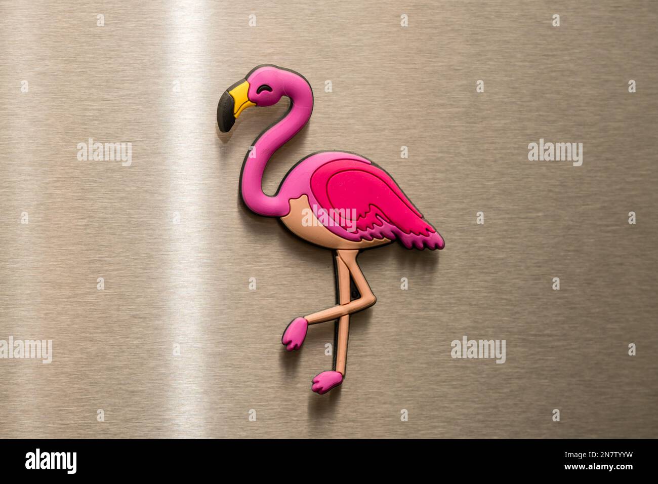 Flamingo-Kühlschrankmagnet aus Plastik, silberner Kühlschrank, Aluminiumkühlschrank Stockfoto
