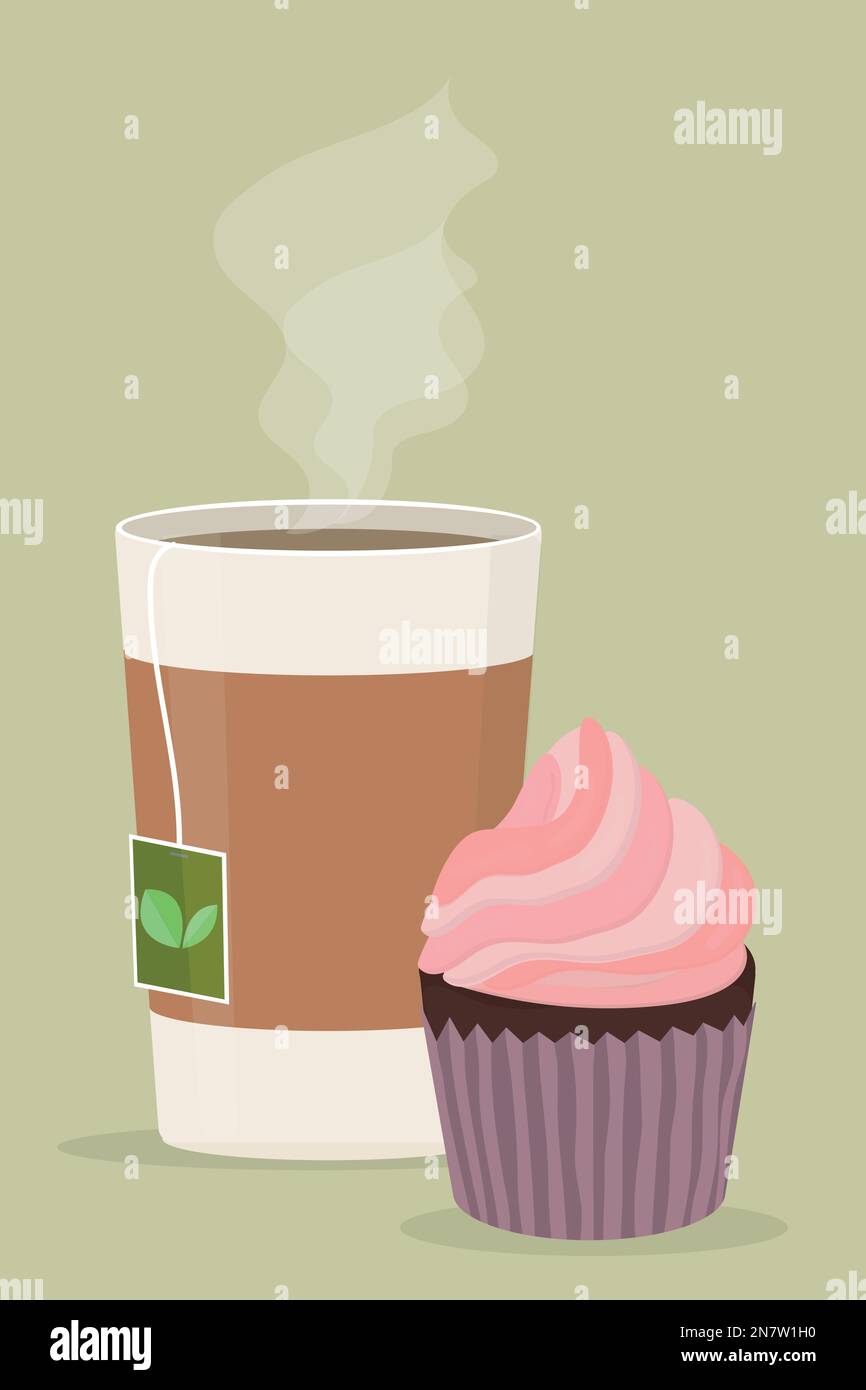 Ein rosafarbener Himbeer-Cupcake-Muffin mit Sahne und Papptasse Tee für den Feiertag Stock Vektor