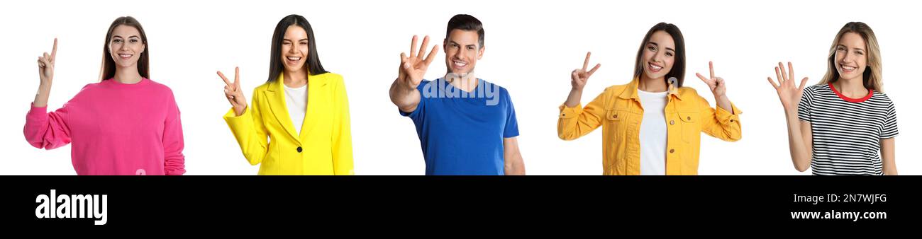 Collage mit Menschen, die Zahlen auf weißem Hintergrund und Bannerdesign zeigen Stockfoto
