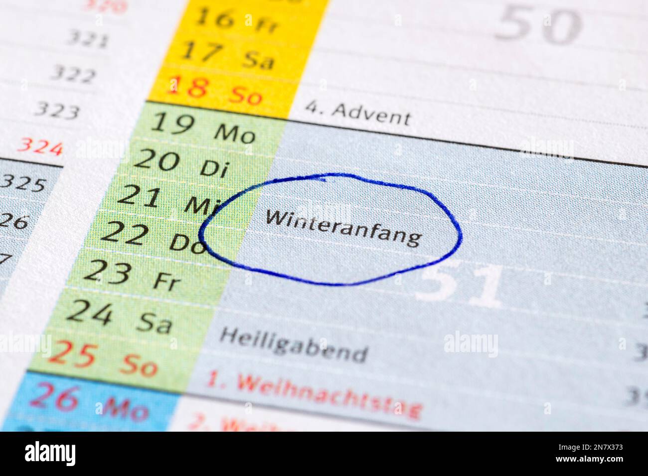 Terminkalender, Anfang Winter, Deutschland Stockfoto