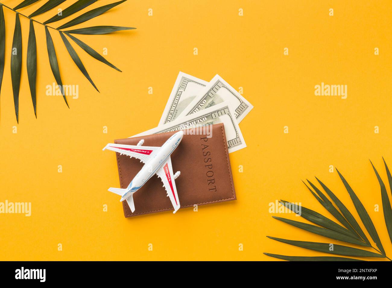 Flach liegender Pass mit Money-Flugzeug-Figur-Oberteil Stockfoto