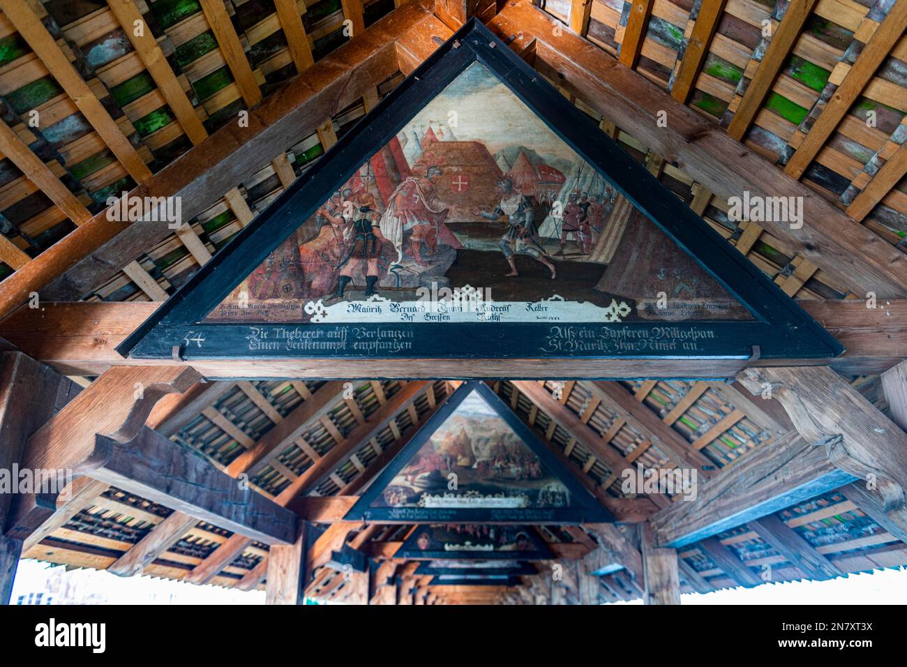 Historische Gemälde, Kapellbrücke, hölzerne Fußgängerbrücke, Luzern, Schweiz Stockfoto