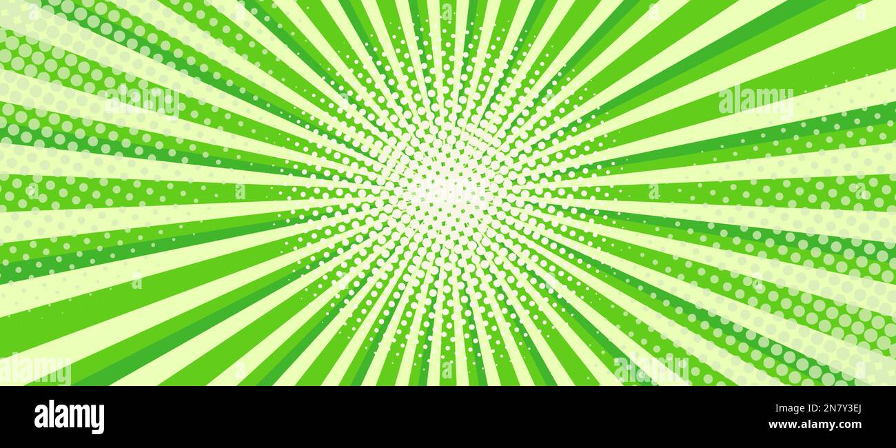 Leuchtendes Grün Mit Sonnigen Hintergrundfarben. Komische Halbtondarstellung radiale geometrische Vektordarstellung Stock Vektor
