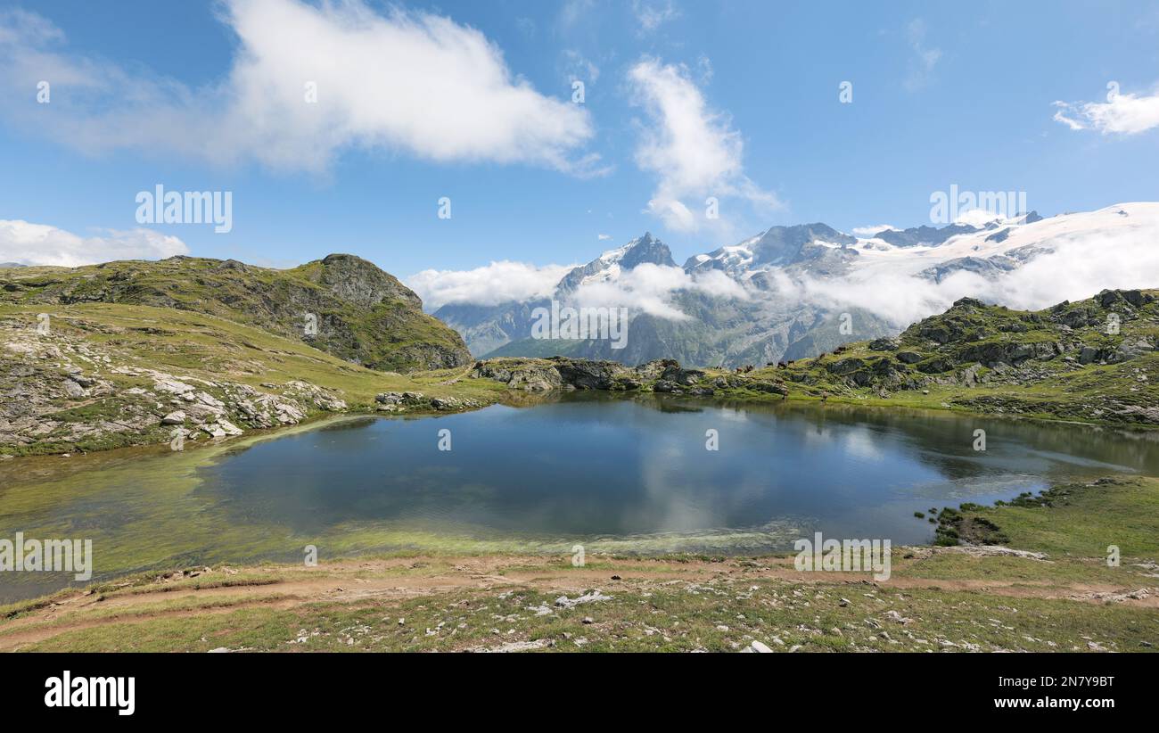 Plateau d' Emparis und die Gebirgskette Grandes Rousses der französischen Alpen, Savoyen, frankreich Stockfoto