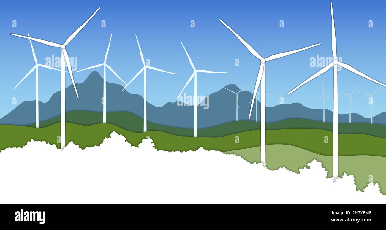 Weiße Windturbine, die elektrische Vektorlandschaft erzeugt Stock Vektor