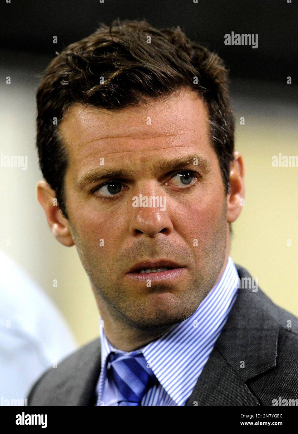 DC United head coach Ben Olsen prior to their MLS soccer game against Real Salt Lake, Saturday, March 9, 2013, in Washington. DC United defeated Real Salt Lake 1-0. (AP Photo/Richard Lipski) Stockfoto
