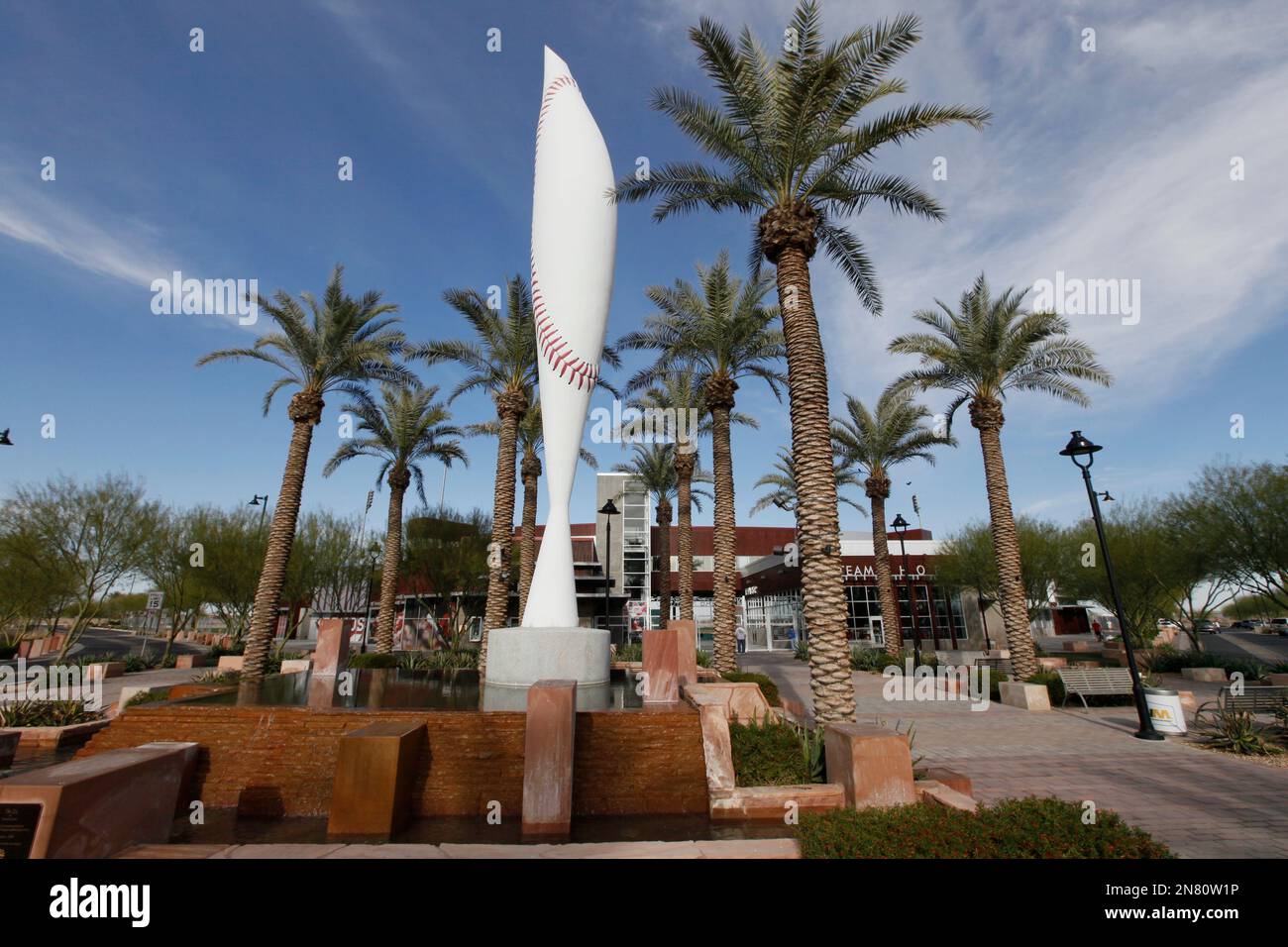 An exterior view of Goodyear Ballpark and the Ziz during spring training baseball in Goodyear, Ariz., Monday, Feb. 18, 2013. The Cleveland Indians and Cincinnati Reds share the facility for spring training baseball games. (AP Photo/Paul Sancya) Stockfoto