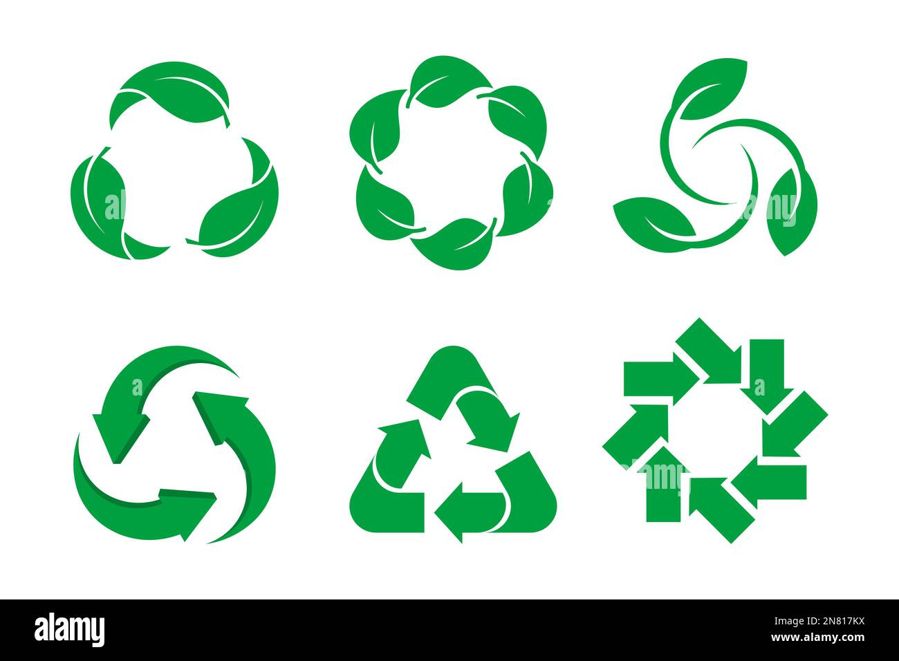 Nachhaltigkeit – Symbolsatz. Grüne Pfeile und Leaves drehen sich. Symbolgruppe Recycling. Biologisch abbaubares, kompostierbares, erneuerbares natürliches Material. Vektor Stock Vektor