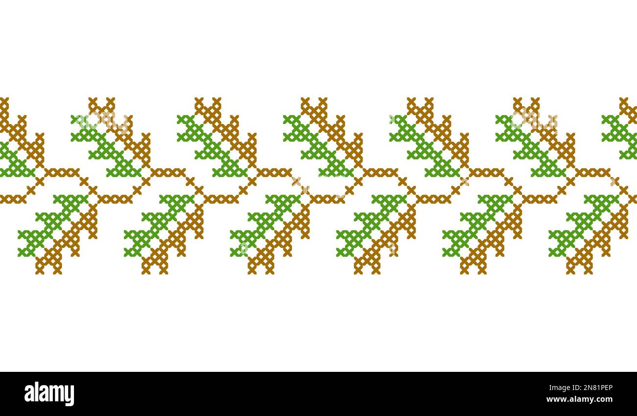 Ukrainische Eichenblätter Vektorschmuck, Rand, Muster. Traditionelle ukrainische Stickerei aus Eichenblättern. Rahmen in grüner Farbe. Pixel Art, vyshyvanka Stock Vektor