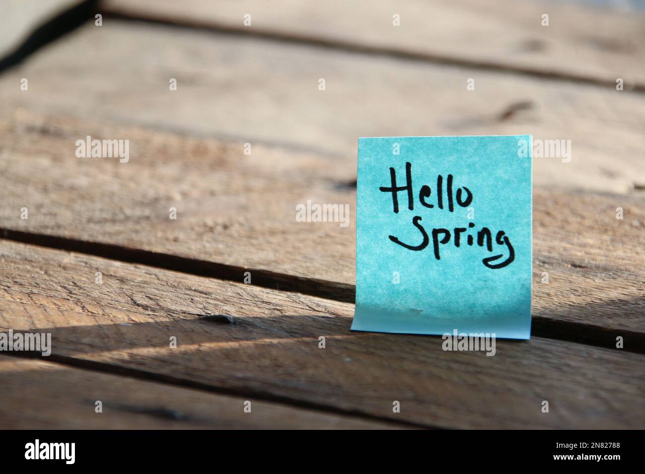 Hallo Frühlingskonzept! Die Inschrift auf dem blauen Schild. Stockfoto