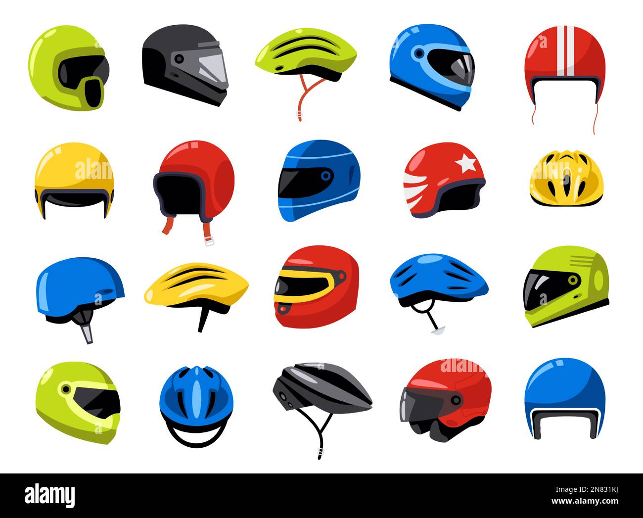 Motorradhelme. Racing Headgear Ausrüstung für extreme Motorradfahrer Motorrad Biker, Kopfschutz Cartoon flache Ausführung. Vektorsatz Stock Vektor