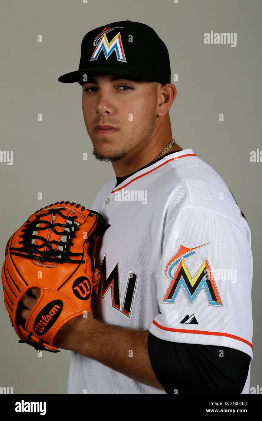 This is a 2013 photo of non-roster invitee pitcher Jose Fernandez of the Miami Marlins baseball team. This image reflects the Marlins active roster as of Feb. 22, 2013, when this image was taken. (AP Photo/Julio Cortez) Stockfoto