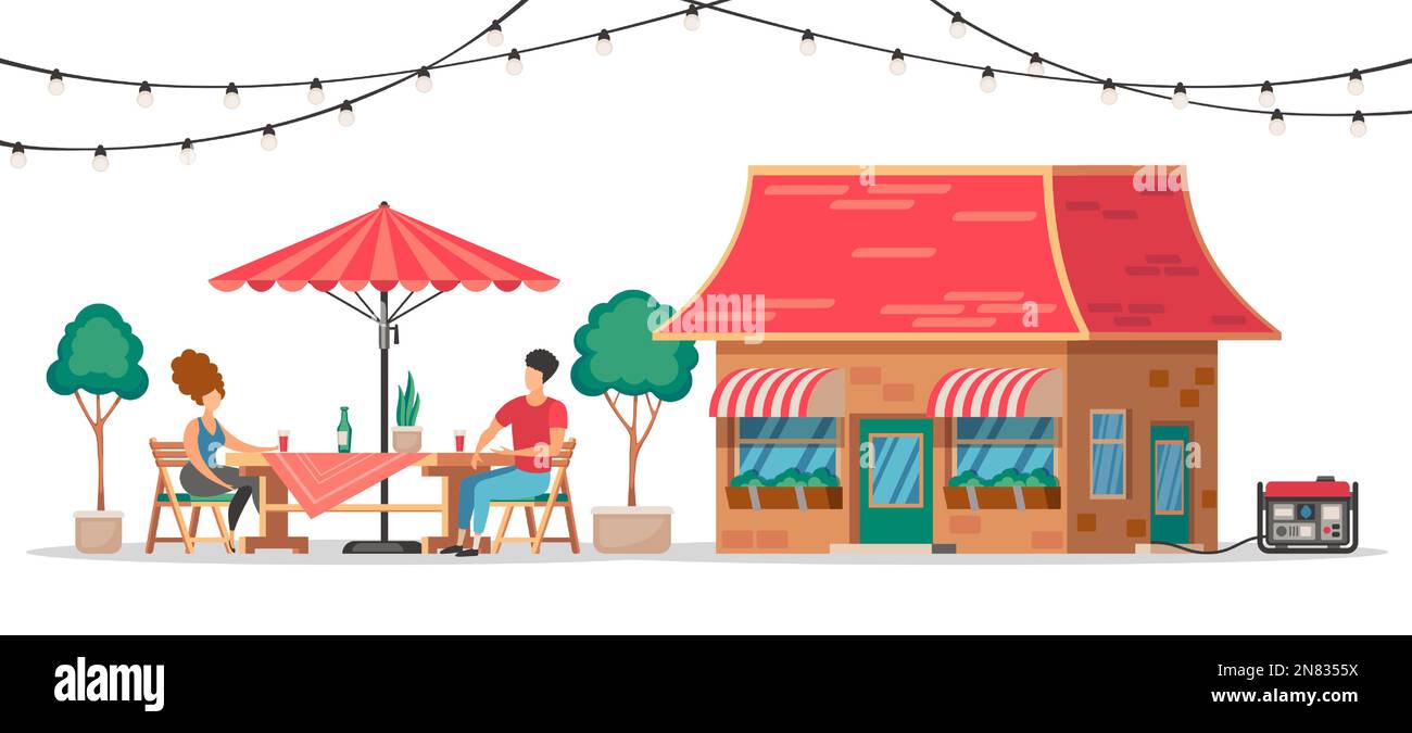 Restaurant mit Generator. Zeichentrickfiguren sitzen in einem Café mit tragbarem Generator, der Strom erzeugt, Stromkonzept Stock Vektor