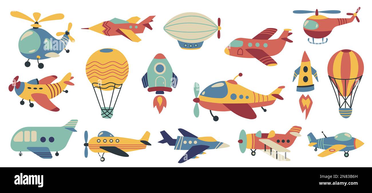 Süße Luftfahrt. Doodle farbenfroher Lufttransport, lustiger Hubschrauber, Heißluftballon-Rakete, Kinderspielzeug, Flugzeug-Cartoon-Stil. Vektor Stock Vektor