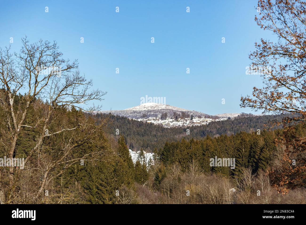 Blick auf den Mount lusen im bayerischen Wald im Winter im Freien mit klarem blauen Himmel. Textbereich Stockfoto