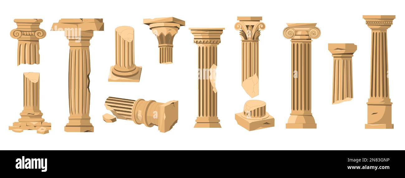 Griechische Kolumnen. Antike römische Steinsäulen, alte klassische Architektur Kolonnaden Ruinen, antike gebrochene Bögen Cartoon Stil. Vektor isoliertes Set Stock Vektor