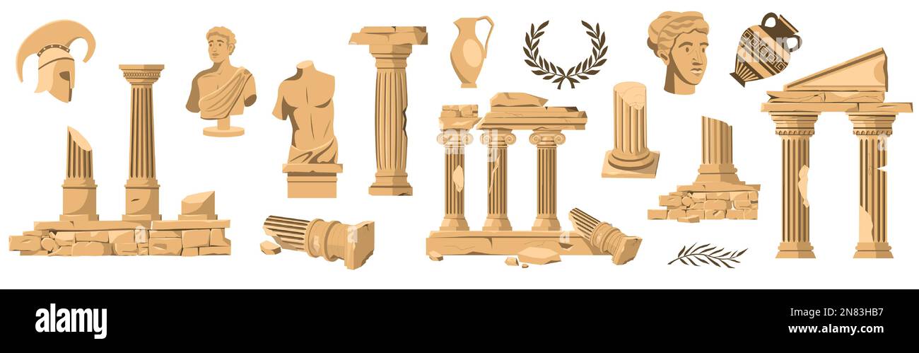 Antiken Ausstellungskollektion. Alte griechische, klassische Statuen von Göttinnen, Säulen, Vasen, alte historische mystische Elemente im Bo-Stil. Vektorflachsatz Stock Vektor