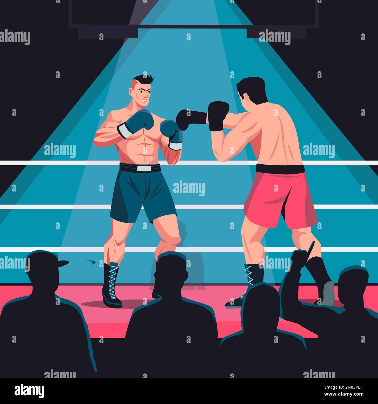 Kämpfe auf dem Boxring. Cartoon muskuläre Boxer Boxen und Ringen in der Sparringarena, starker Schwergewichtler schlägt Gegner in Handschuhen. Vektor Stock Vektor