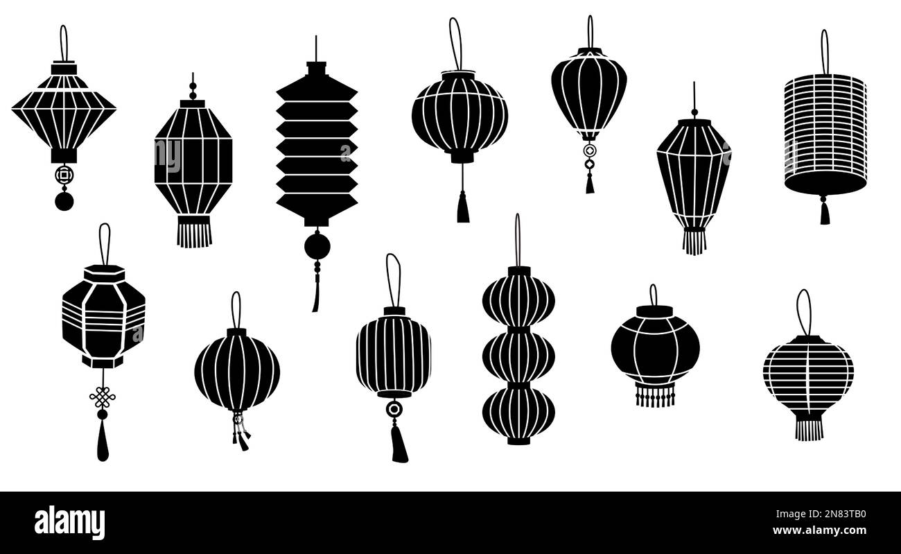 Schwarze asiatische Laternen. Einfache chinesische Papierlampen Silhouetten, traditionelle orientalische Lichter für Festivaldekoration Feiertagsfeier. Vektor isoliert Stock Vektor