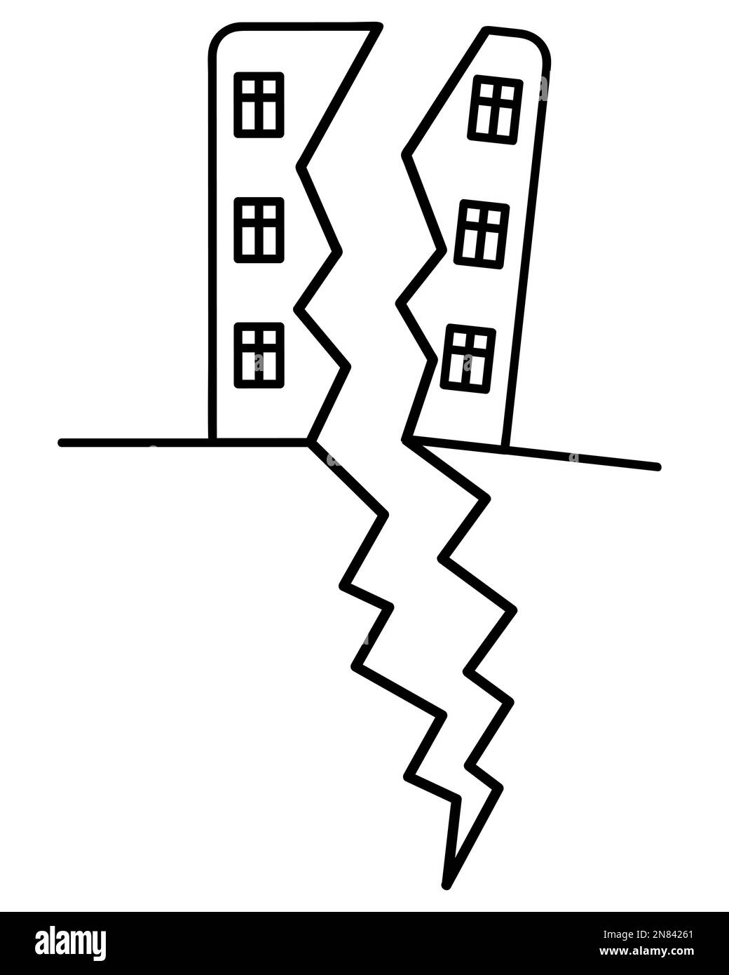 Das Wohngebäude ist in zwei Hälften geteilt. Geteilt durch Erdbeben. Skizzieren. Ein Teil des Gebäudes brach zusammen. Vektor Stock Vektor