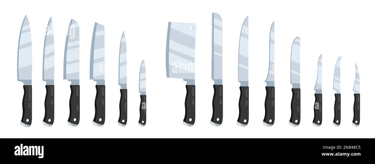 Küchenmesser. Cartoon-Messer mit scharfer Klinge, verschiedene Kochutensilien aus Edelstahl, Küchenausstattung in flacher Ausführung. Vektor isoliertes Set Stock Vektor
