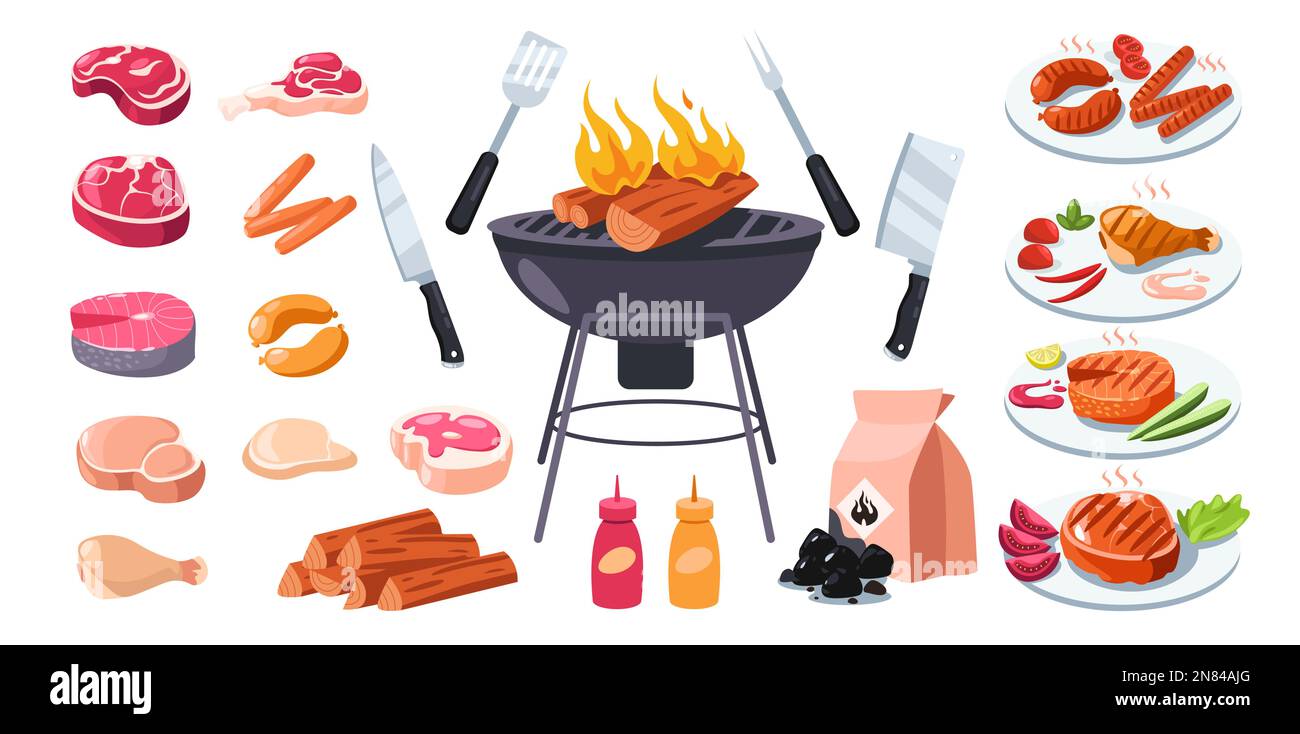 Barbecue-Grill. Cartoon-barbecue-Elemente-Set, Brazier-Kohlekebab-Spieße Würstchen, Sauce, Fleischsteaks, Picknick-Ausrüstung für die Zubereitung von Speisen. Vektor flach Stock Vektor