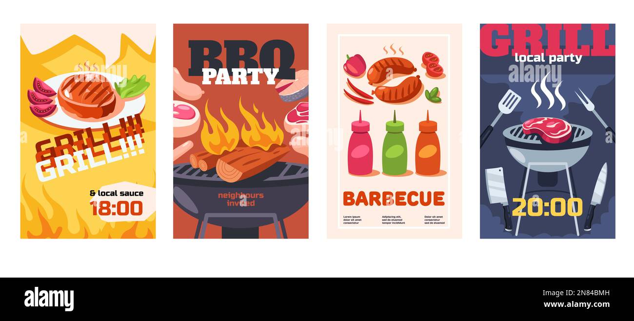 Grill-Party-Poster. Barbecue Flyer-Vorlagen mit Geräten zum Kochen und gegrilltem geröstetem Fleisch, Picknick im Freien oder Einladungen zu Grillveranstaltungen. Vektor Stock Vektor