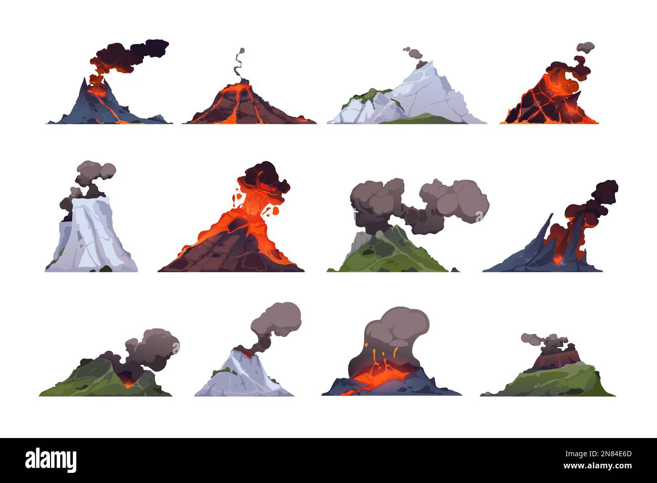 Vulkansammlung. Felsen explodieren mit Magma, Rauch und Asche, Vulkankrater Explosion mit Lava und Staub, geothermischer Ausbruch. Vektor Stock Vektor