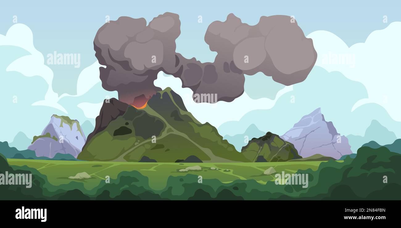 Hintergrund des Vulkanausbruchs. Naturlandschaft mit aktivem Vulkanausbruch, Lavafluss und Rauch, feuriger Berggipfel mit Krater und Magma. Vektor Stock Vektor