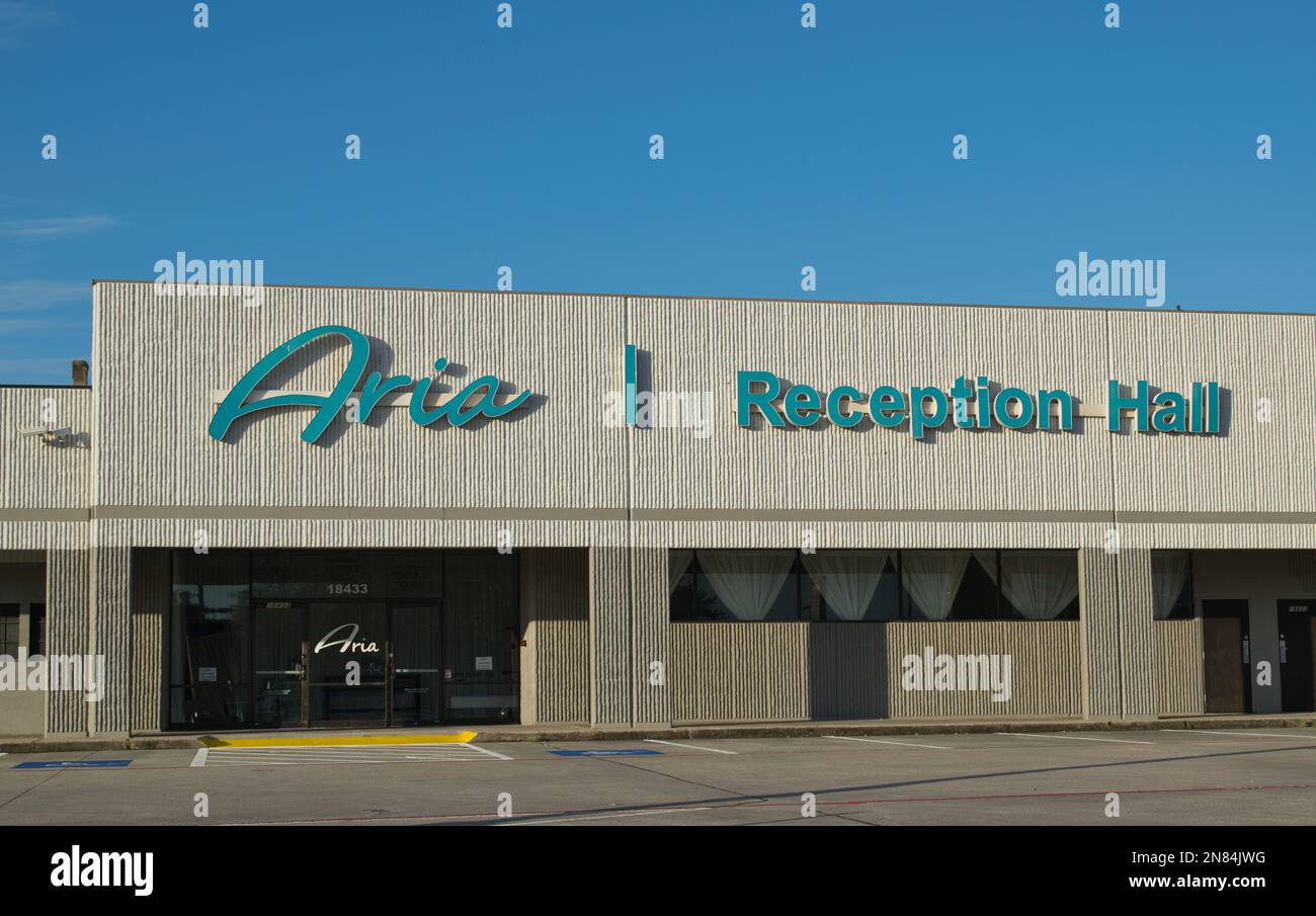 Houston, Texas, USA 02-10-2023: Außenansicht des ARIA 1 Reception Hall-Gebäudes in Houston, TX. Veranstaltungsort für Hochzeiten und andere Veranstaltungen. Stockfoto