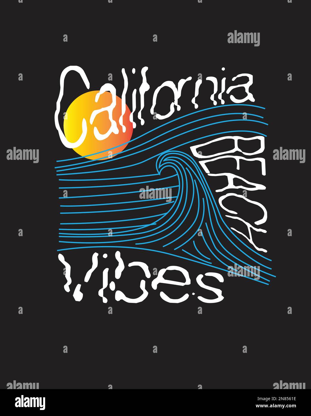 California Beach Vibes Line Art Waves Sunset Beach Typografie Poster Design für T-Shirt-Druck Vektor Stock Vektor