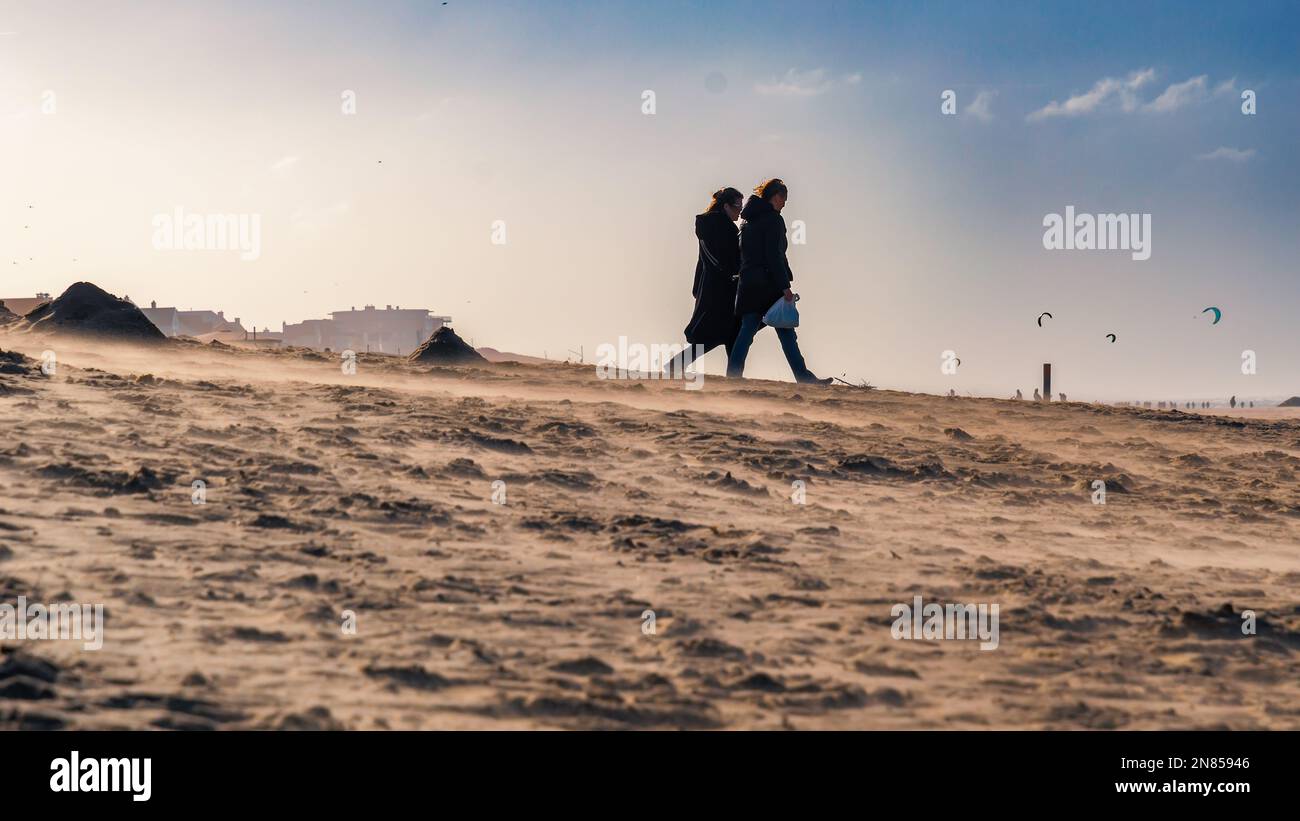 Zandvoort, Niederlande, 5. Februar 2023: Zwei Frauen gehen an einem windigen Tag die Sanddüne hinunter zum Strand Stockfoto