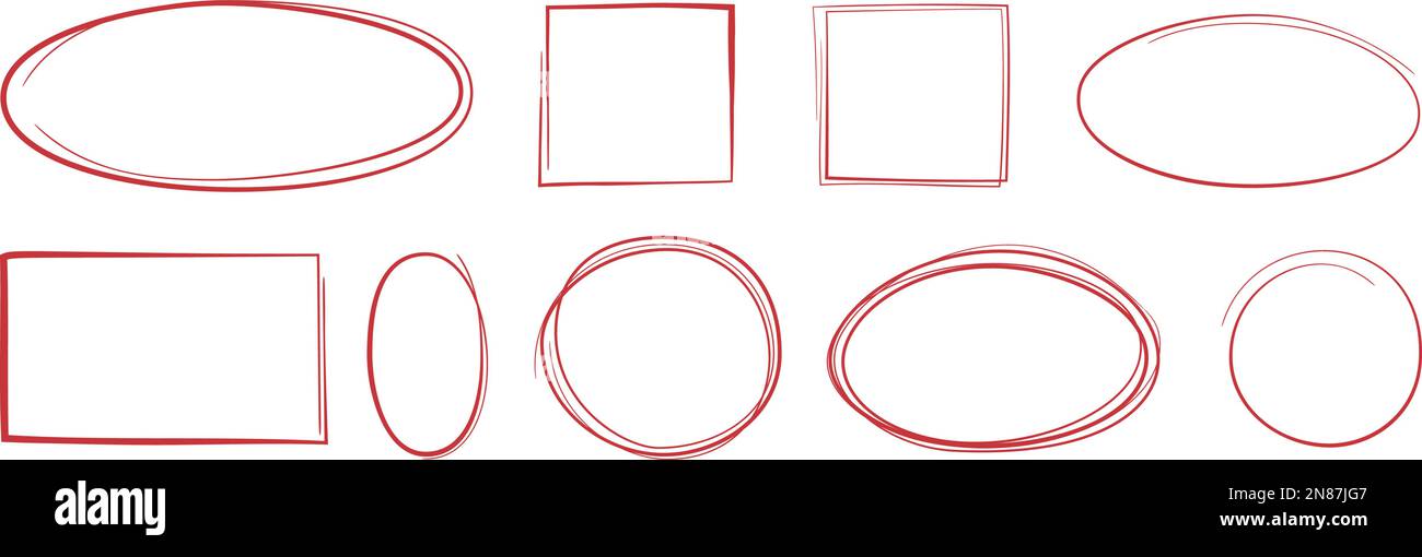 Sammlung roter Doodle-Formen, kreisförmige und rechteckige Lichterrahmen, Vektordarstellung Stock Vektor