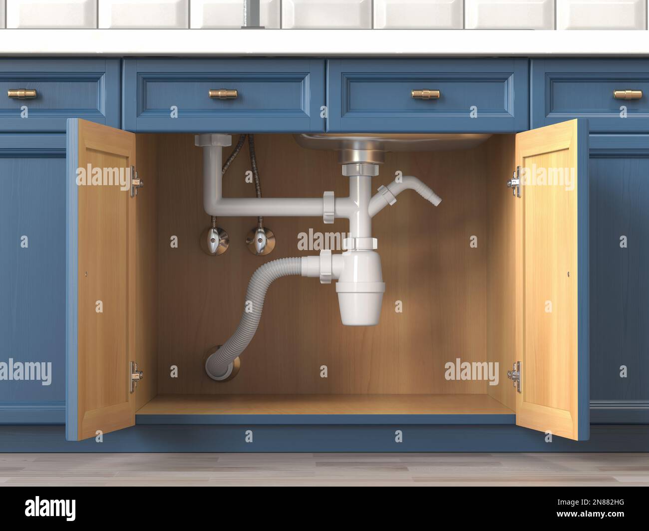 Absaugen und Rohre unter dem Waschbecken in der Küche. 3D Abbildung Stockfoto