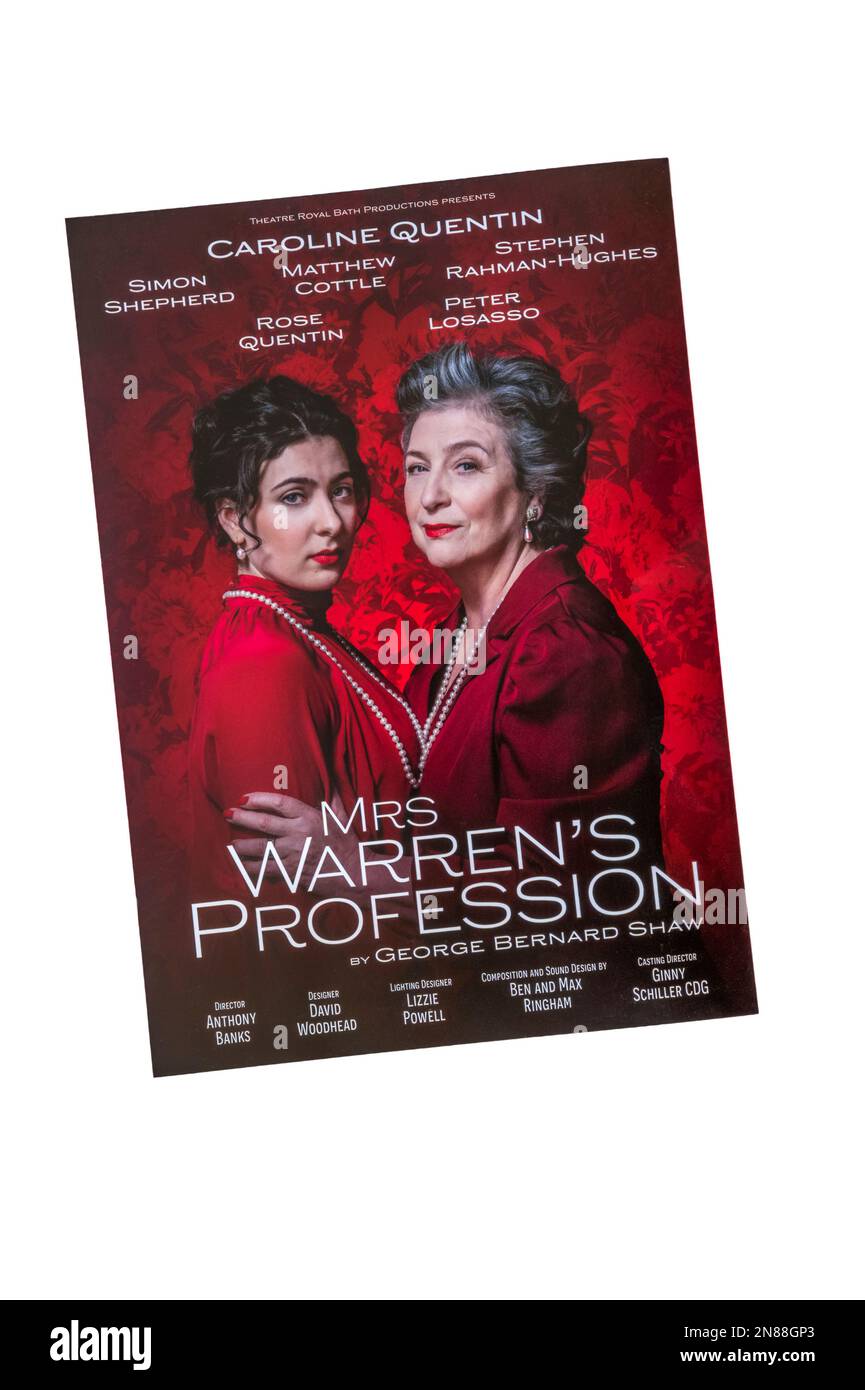 Werbeflyer für die Aufführung von Mrs. Warrens Beruf im Theatre Royal Bath von George Bernard Shaw. 2023. Stockfoto