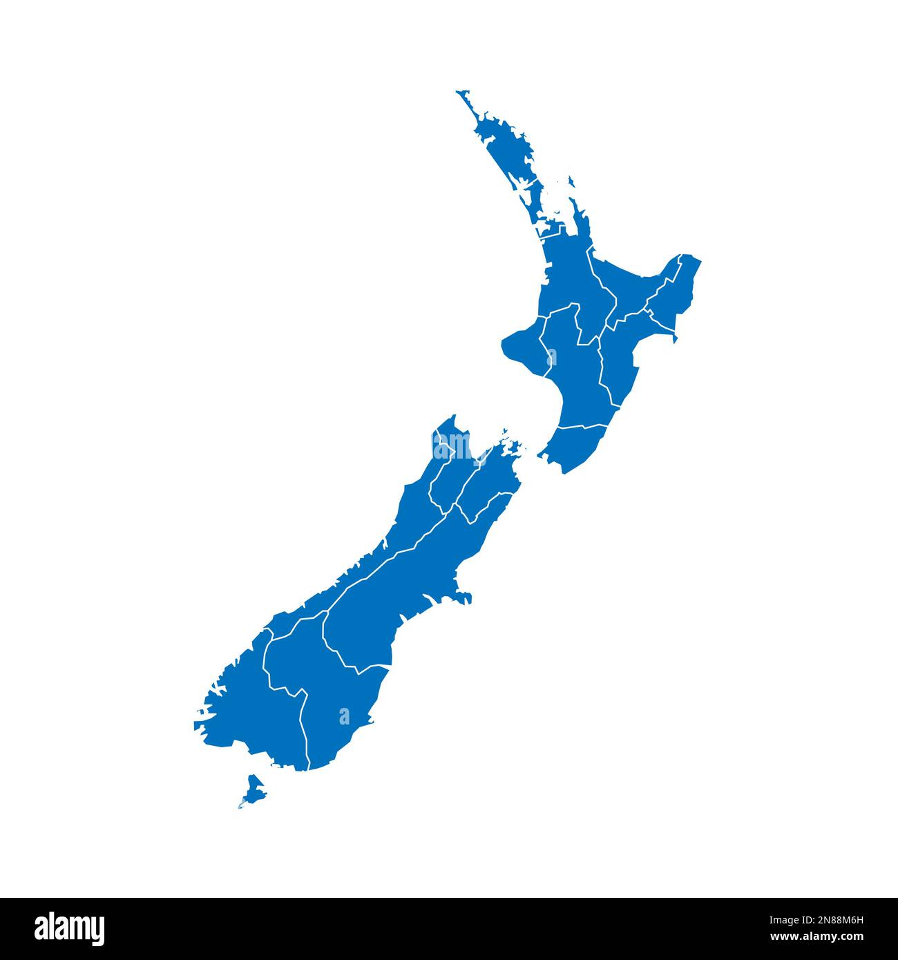 Neuseeländische politische Karte der Verwaltungsabteilungen - Regionen. Blau leuchtende leere Vektorkarte mit weißen Rändern. Stock Vektor