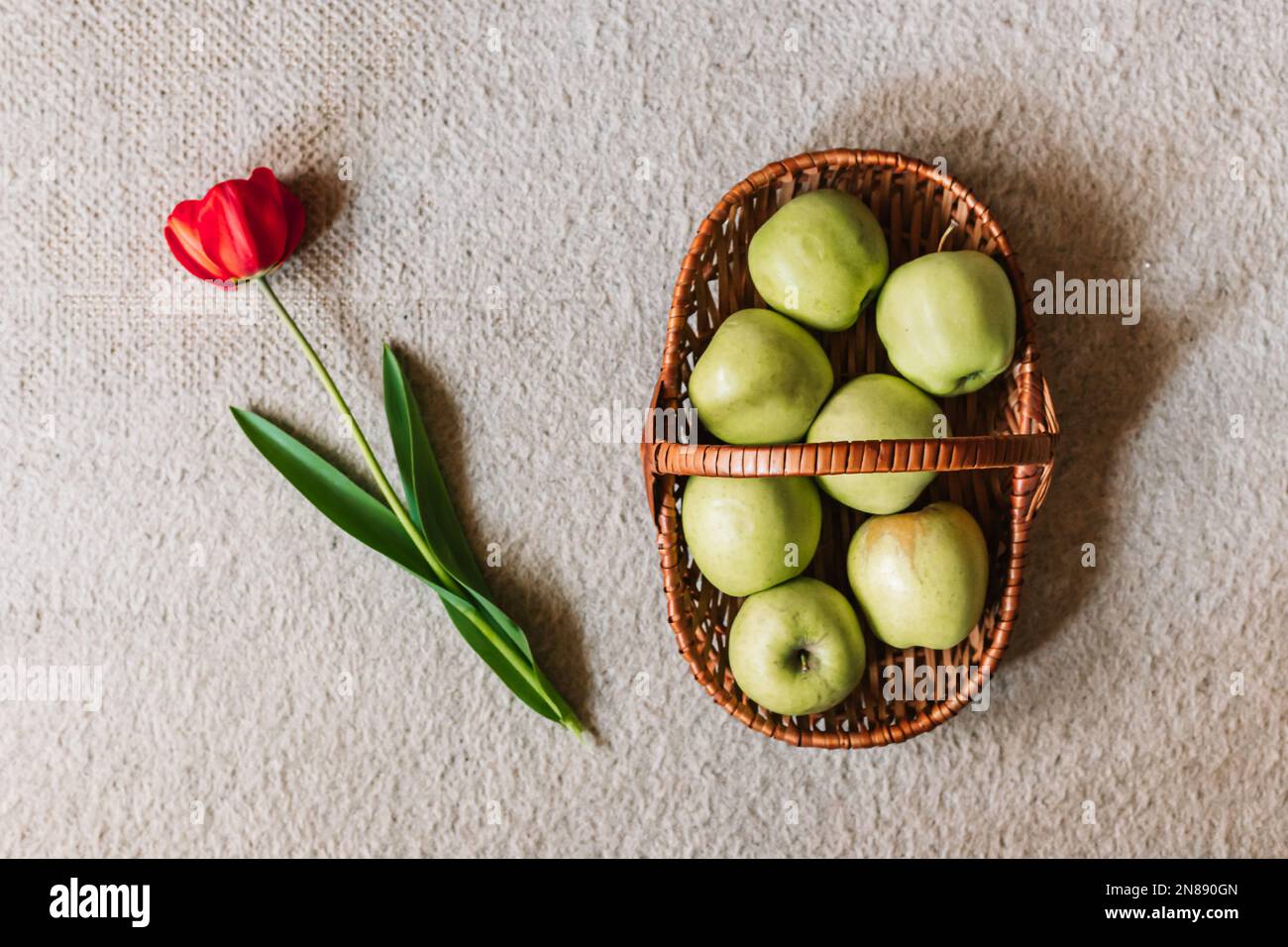 Frische, grüne Äpfel im Korb und eine rote Tulpe. Draufsicht, Frühjahrssymbolik. Stockfoto